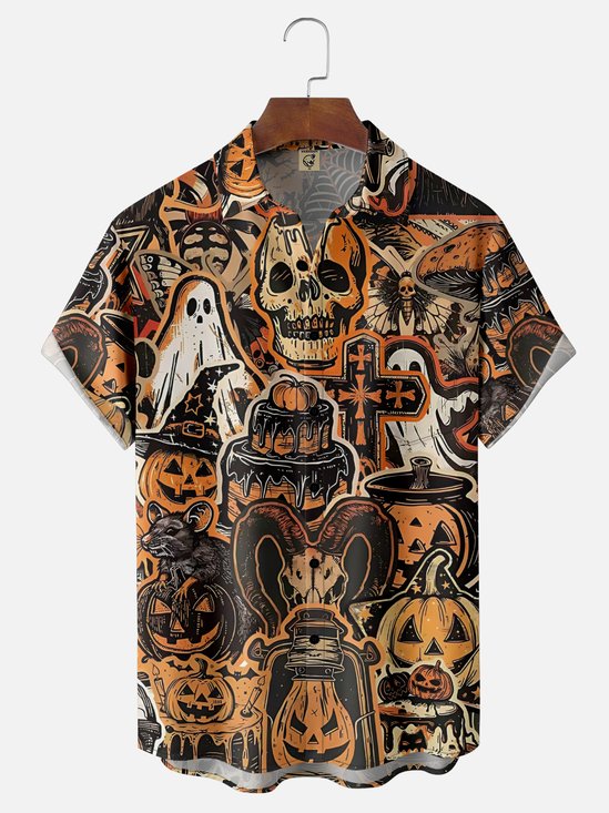 Moisture-Wicking Halloween Skull Pumpkin Ghost Spider Chest Pocket Hawaiian Shirt