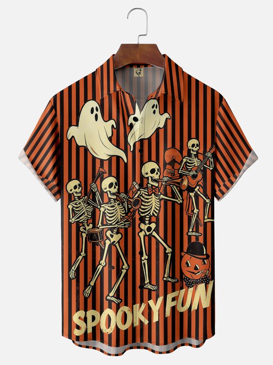 Moisture Wicking Halloween Skeleton Music People Ghost Geometry Chest Pocket Hawaiian Shirt