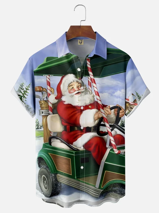 Moisture-Wicking Santa Claus Playing Golf Chest Pocket Hawaiian Shirt