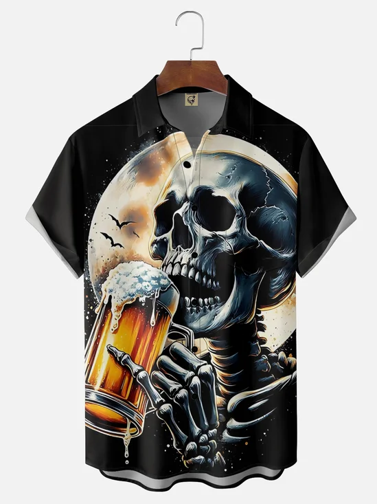 Moisture-Wicking Halloween Beer-Drinking Skeleton Chest Pocket Hawaiian Shirt