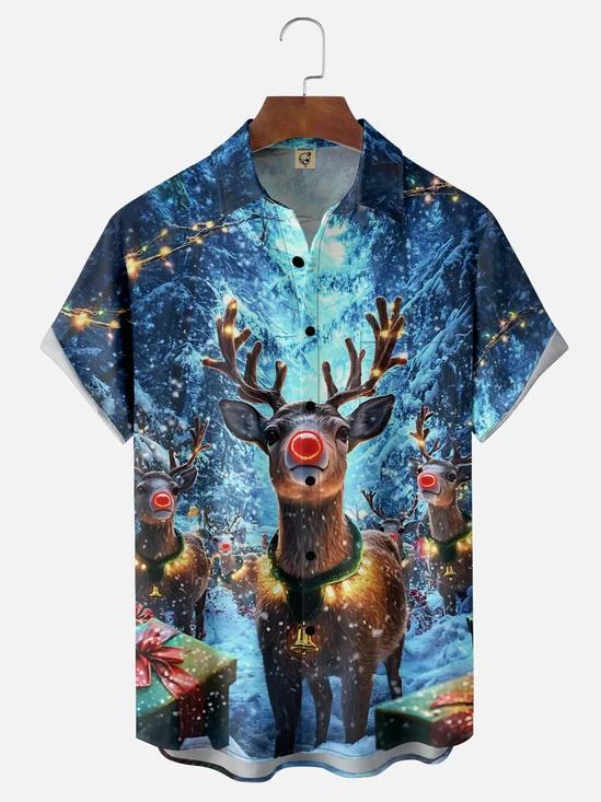 Moisture-wicking Christmas Red-nosed Reindeer Chest Pocket Casual Shirt