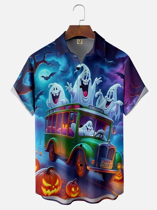 Moisture-Wicking Halloween Gradient Ghost Car Pumpkin Chest Pocket Hawaiian Shirt