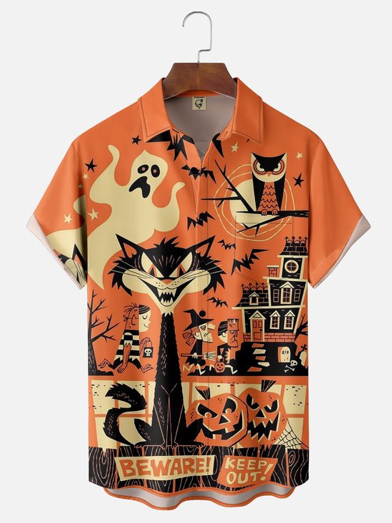Moisture-wicking Vintage Halloween Cat Chest Pocket Casual Shirt