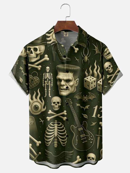 Moisture-Wicking Frankenstein Skull Guitar Chest Pocket Hawaiian Shirt