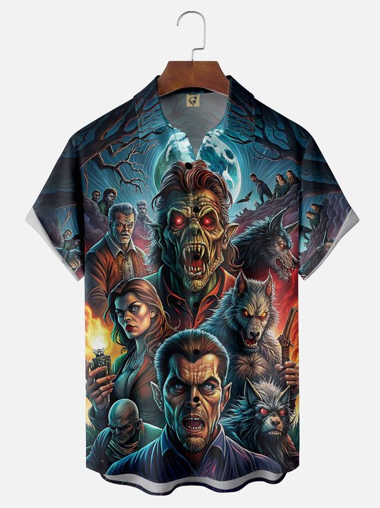 Moisture Wicking Halloween Monsters Chest Pocket Hawaiian Shirt