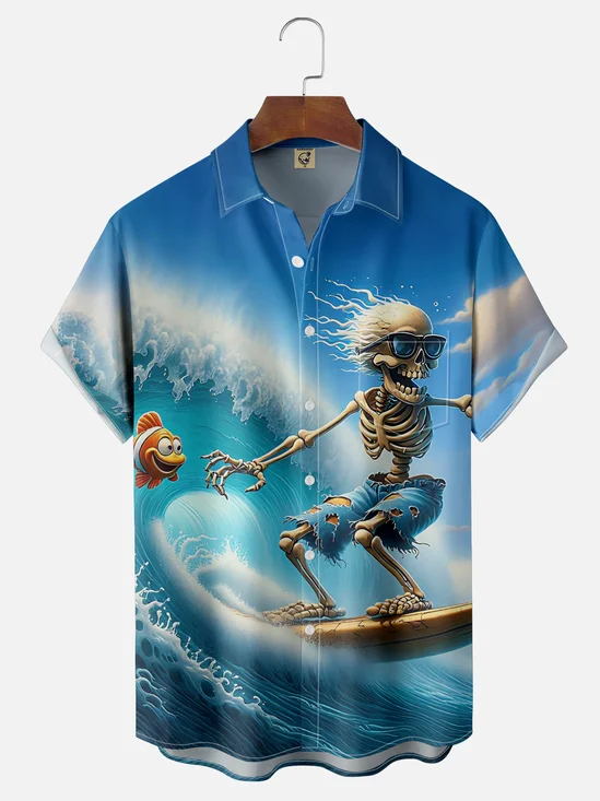 Moisture Wicking Clownfish Surf Skull Chest Pocket Hawaiian Shirt