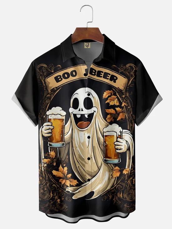 Moisture Wicking Halloween Ghost Beer Chest Pocket Hawaiian Shirt