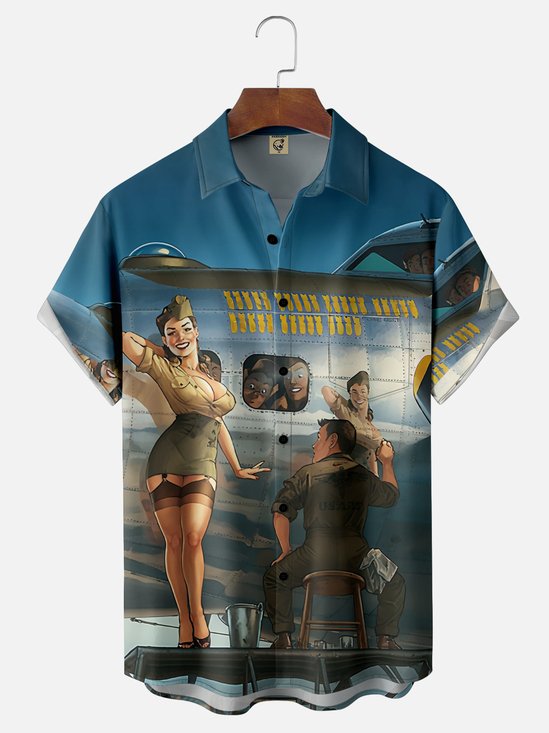 Moisture Wicking US WWII Air Force Vintage Pin-up Girl Chest Pocket Hawaiian Shirt