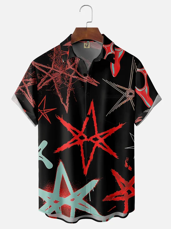 Moisture Wicking Abstract Geometric Star Chest Pocket Hawaiian Shirt