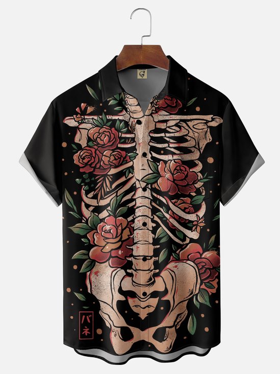 Hardaddy X Eduely Moisture-wicking Halloween Rose Skeleton Chest Pocket Holiday Shirt
