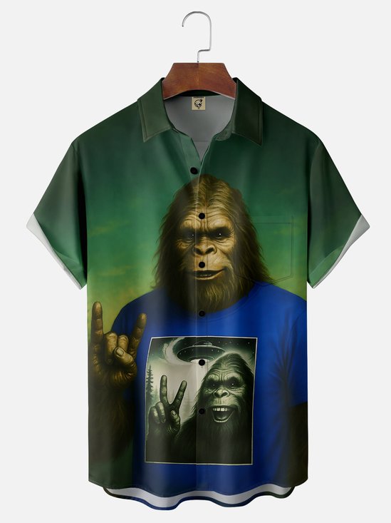Moisture Wicking Funny Bigfoot Chest Pocket Hawaiian Shirt