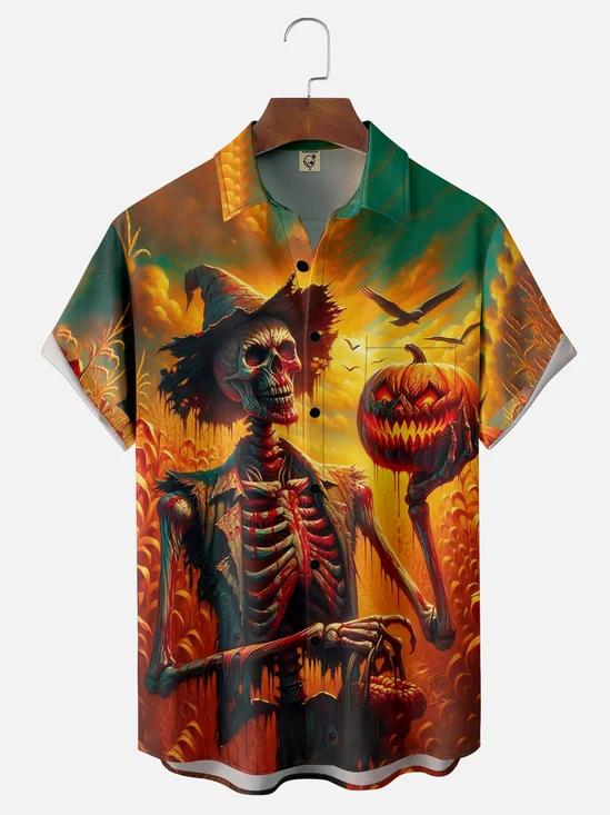 Moisture Wicking Halloween Pumpkin Skull Chest Pocket Hawaiian Shirt