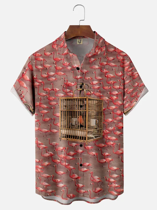 Hardaddy X Lara Rouse Moisture-wicking Flamingo Cage Chest Pocket Hawalian Shirt