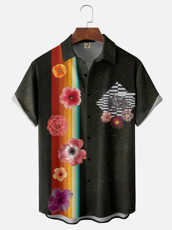 Hardaddy X Lara Rouse Moisture-wicking Floral Stripes Chest Pocket Bowling Shirt