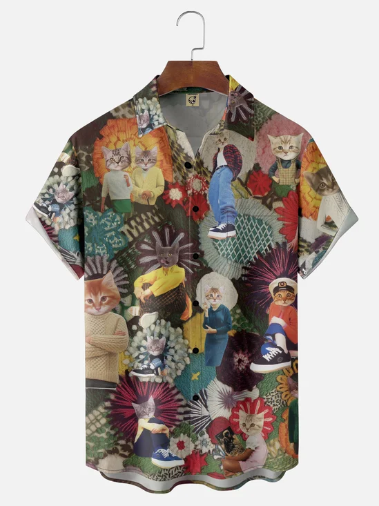 Hardaddy X Lara Rouse Moisture-wicking Cat Floral Chest Pocket Hawalian Shirt