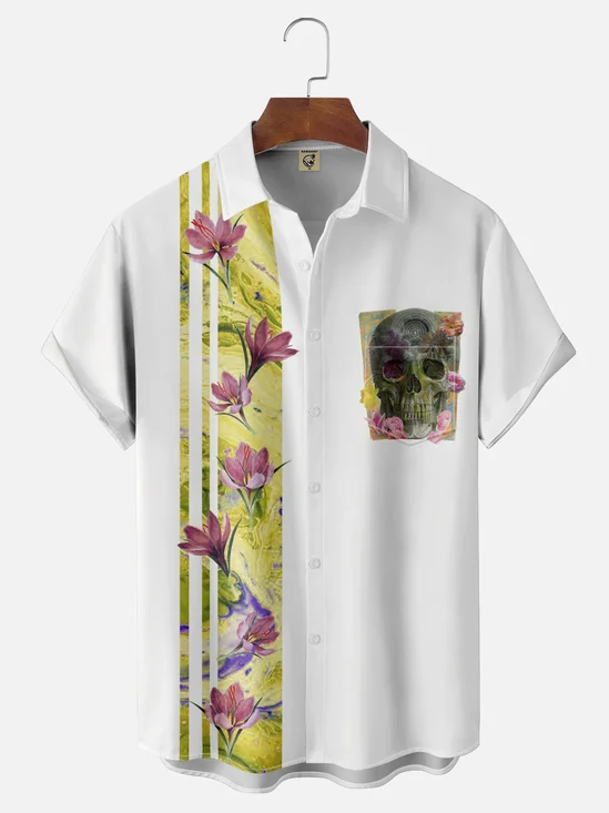 Hardaddy X Lara Rouse Moisture-wicking Skull Floral Chest Pocket Bowling Shirt