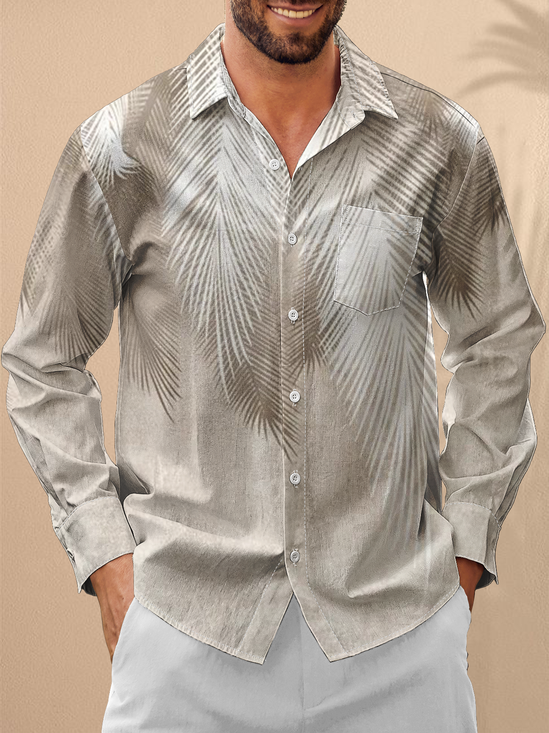 Moisture Wicking Botanical Chest Pocket Hawaiian Long Sleeve Shirt