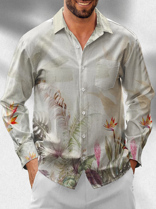Moisture Wicking Floral Chest Pocket Hawaiian Long Sleeve Shirt