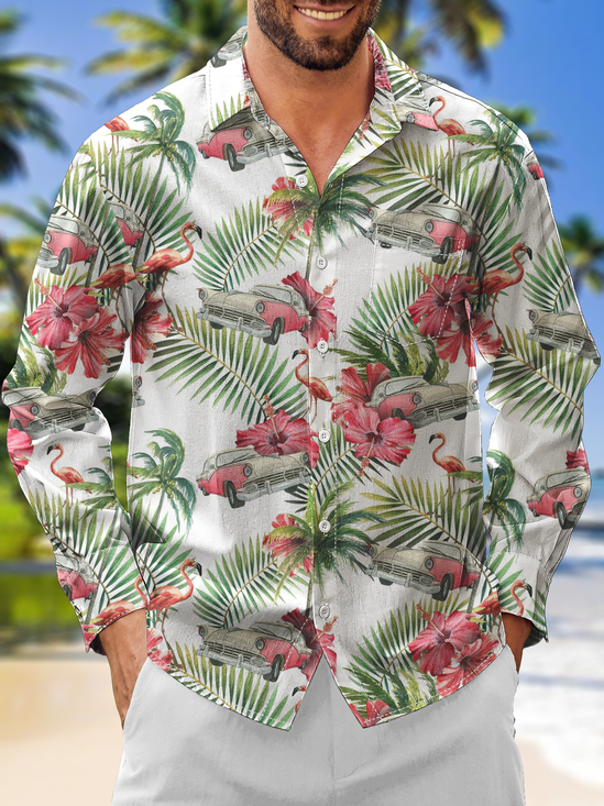 Moisture Wicking Floral Flamingo Chest Pocket Hawaiian Long Sleeve Shirt
