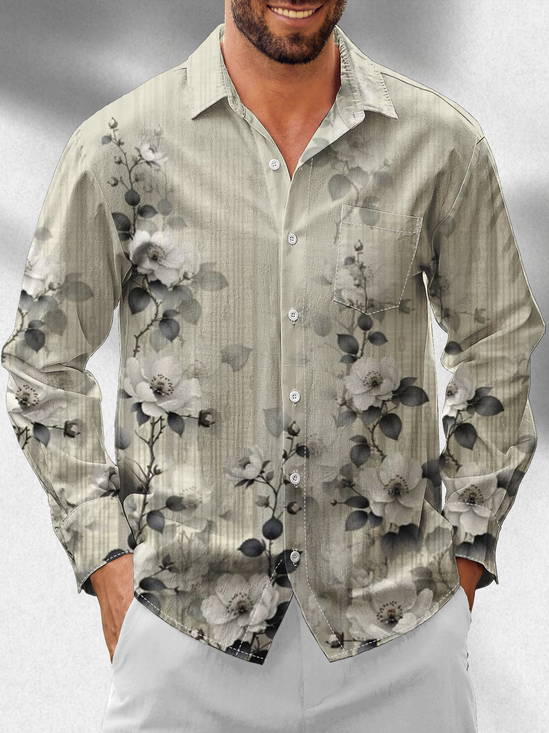 Moisture Wicking Floral Chest Pocket Hawaiian Long Sleeve Shirt