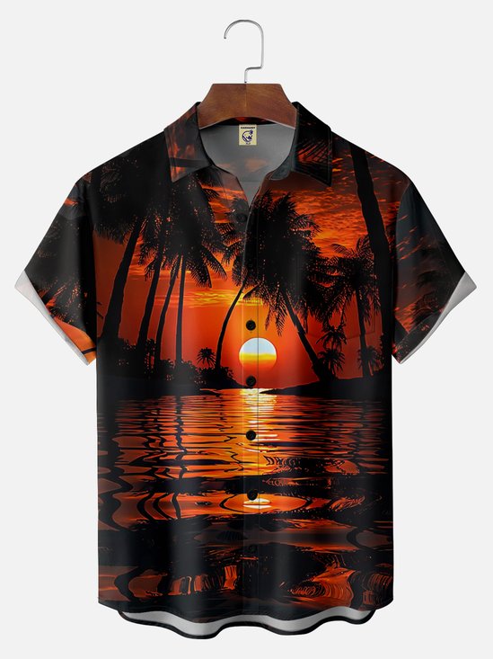 Big Size Moisture-wicking Sunset Beach Coconut Tree Art Chest Pocket Hawaiian Shirt