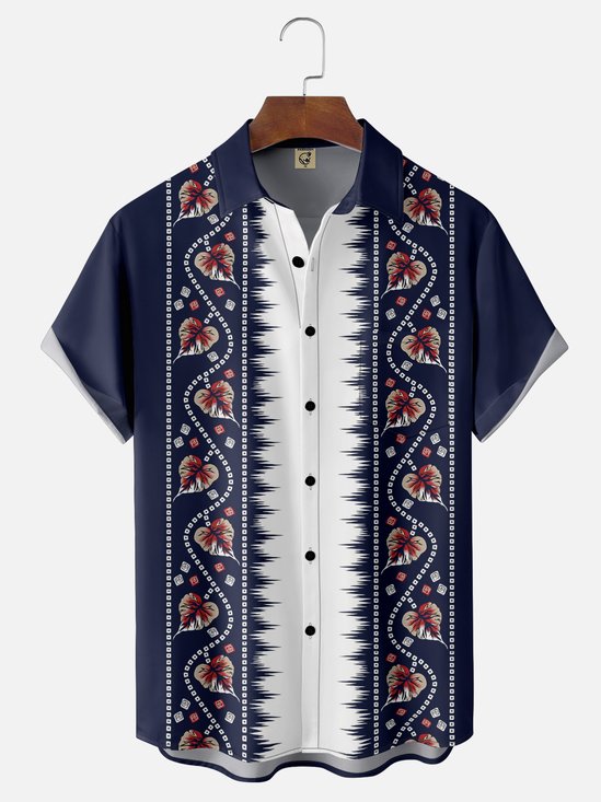 Moisture Wicking Striped Floral and Floral Chest Pocket Bowling Shirt