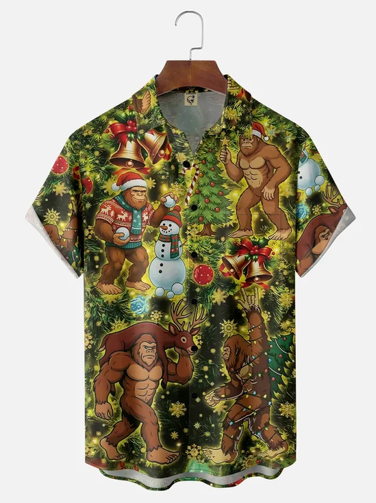 Moisture Wicking Christmas Bigfoot Chest Pocket Hawaiian Shirt