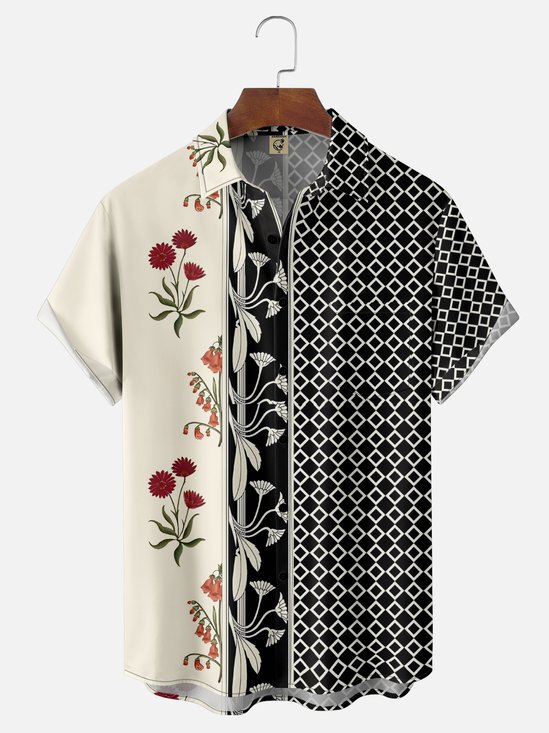 Moisture Wicking Striped Floral Chest Pocket Bowling Shirt
