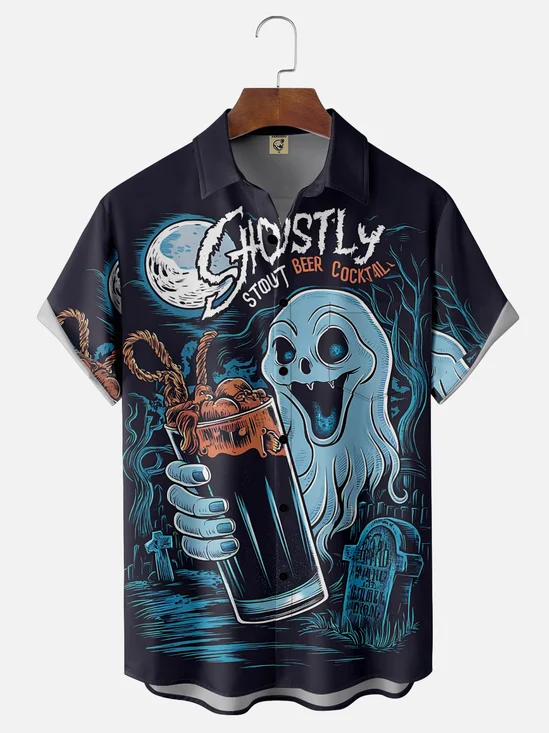 Moisture Wicking Halloween Ghost Beer Chest Pocket Hawaiian Shirt