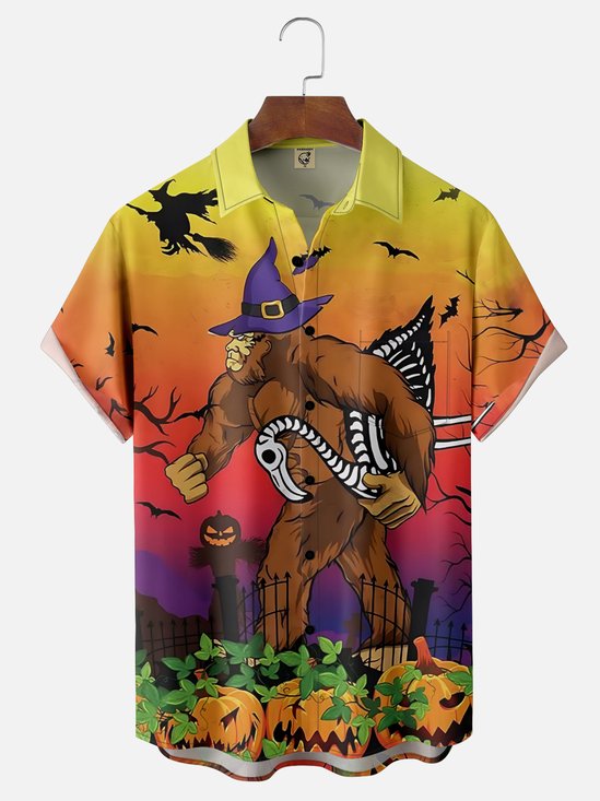 Moisture Wicking Halloween Bigfoot Flamingo Chest Pocket Hawaiian Shirt