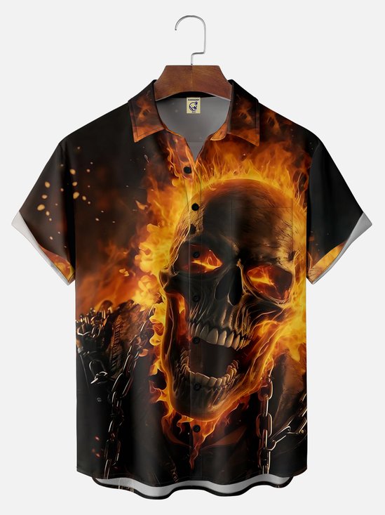 Big Size Moisture-wicking Flaming Skull Art Halloween Chest Pocket Casual Shirt