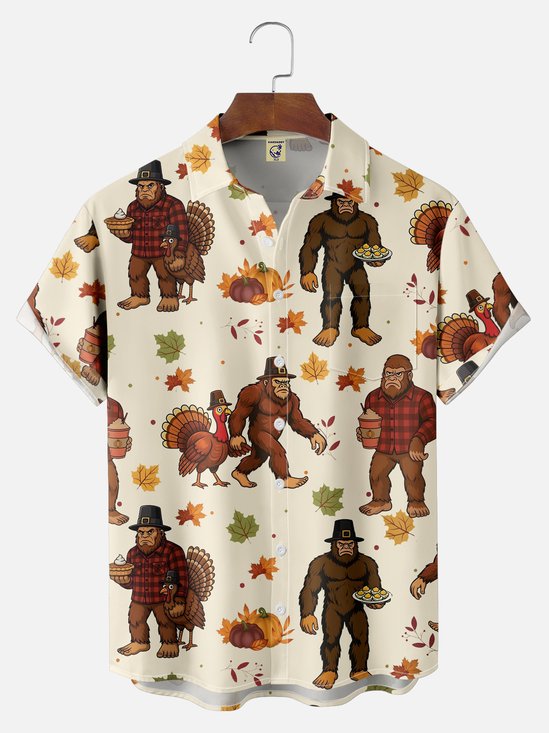 Big Size Moisture-wicking Thanksgiving Turkey Bigfoot Chest Pocket Casual Shirt