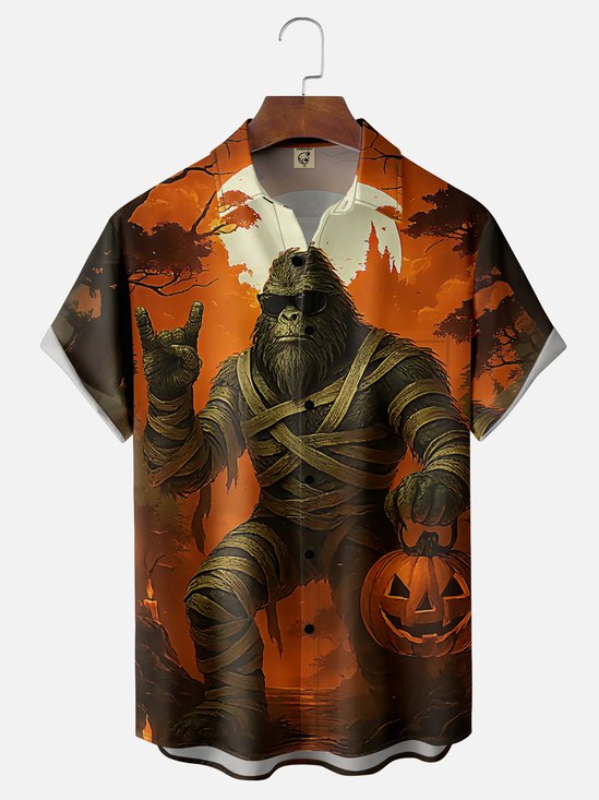Moisture Wicking Halloween Pumpkin Bigfoot Chest Pocket Hawaiian Shirt