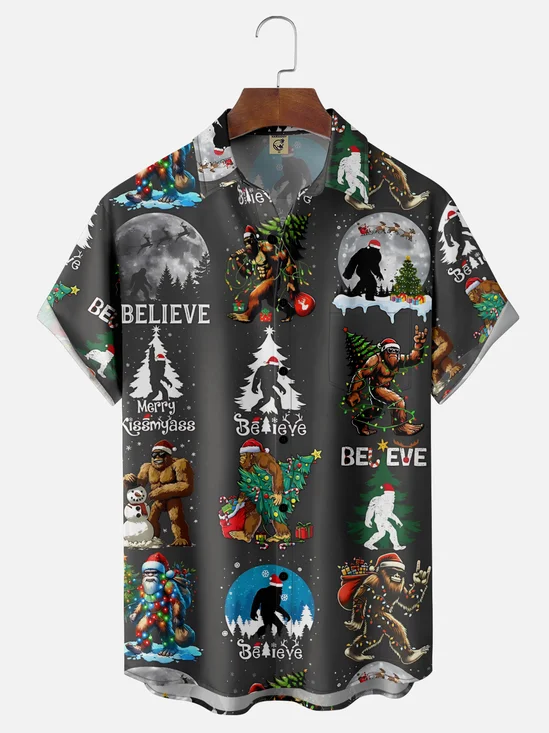 Moisture Wicking Christmas Bigfoot Chest Pocket Hawaiian Shirt