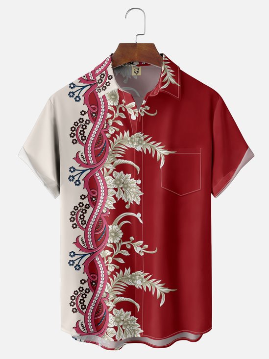 Moisture Wicking Striped Floral Chest Pocket Bowling Shirt
