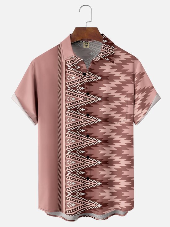 Moisture Wicking Abstract Geometric Stripe Chest Pocket Bowling Shirt
