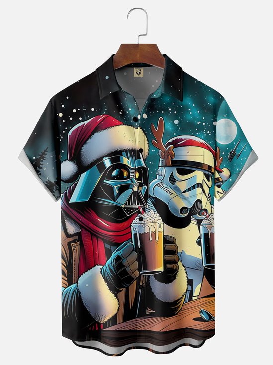 Moisture-Wicking Christmas Star Robot Chest Pocket Hawaiian Shirt