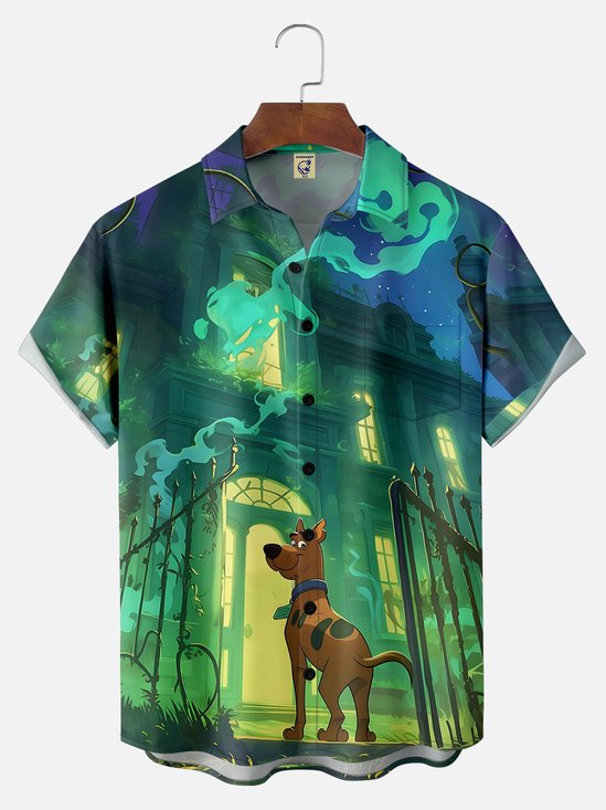Big Size Moisture-wicking Halloween Castle Dalmatian Chest Pocket Casual Shirt