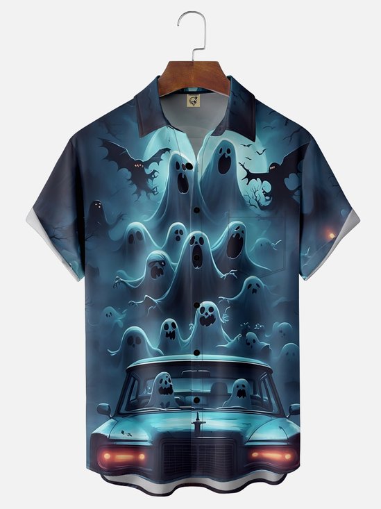 Moisture-Wicking Halloween Gradient Ghost Car Chest Pocket Hawaiian Shirt