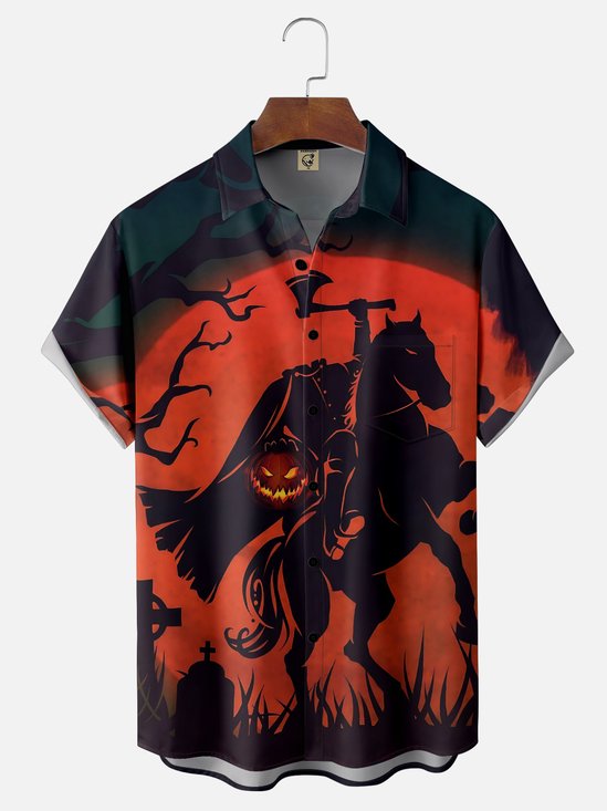 Moisture-wicking Halloween Headless Horseman Pumpkin Retro Chest Pocket Casual Shirt