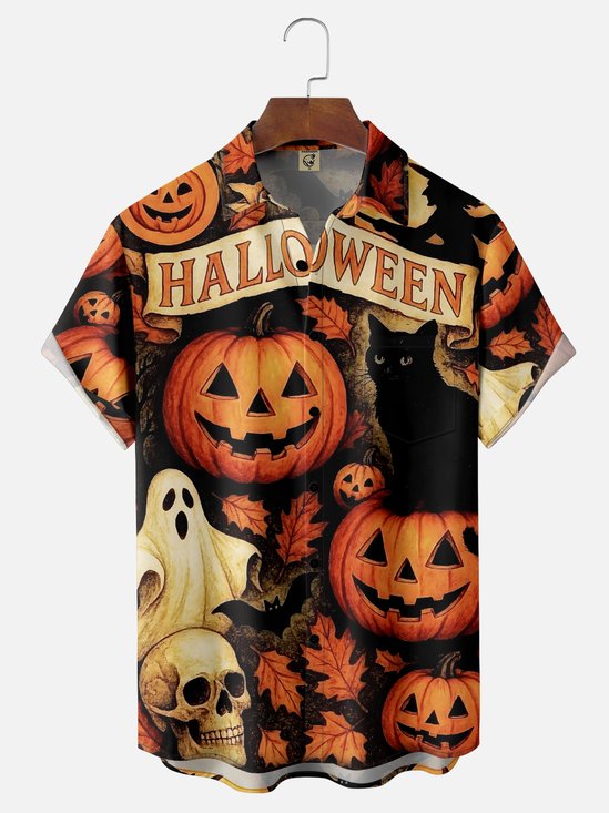Moisture-Wicking Halloween Pumpkin Ghost Black Cat Witch Chest Pocket Hawaiian Shirt