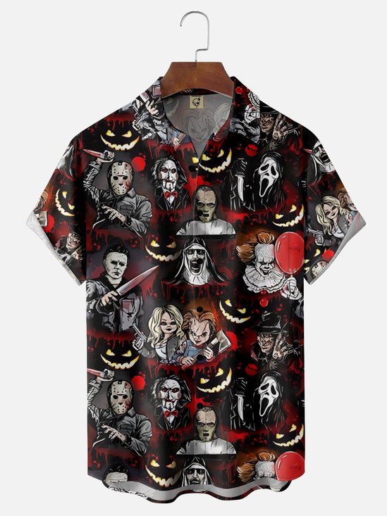 Moisture-Wicking Halloween Saw Horror Doll Chest Pocket Hawaiian Shirt