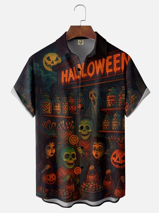 Moisture-wicking Halloween Candy Skull Chest Pocket Casual Shirt