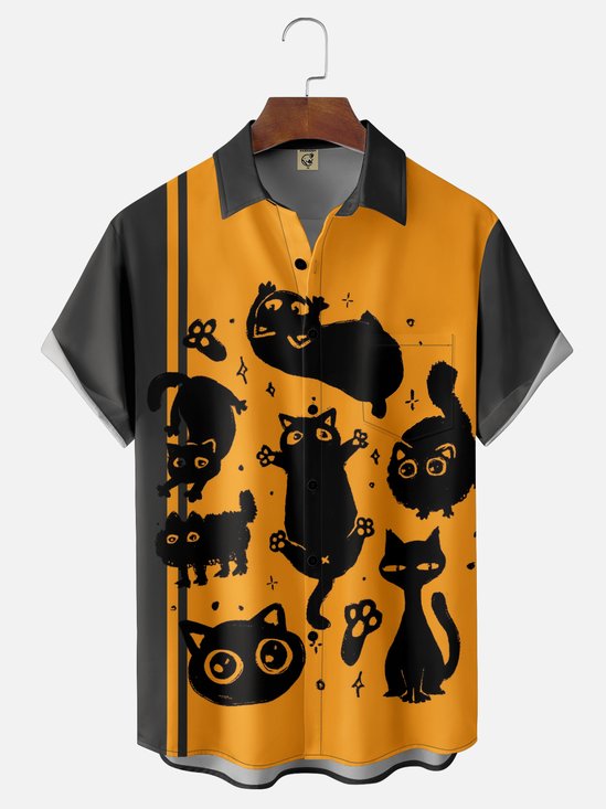 Hardaddy x Eduely Moisture-wicking Funny Cat Art Halloween Chest Pocket Bowling Shirt