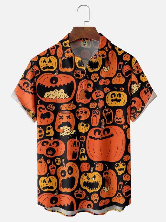 Moisture-Wicking Halloween Pumpkin Chest Pocket Hawaiian Shirt