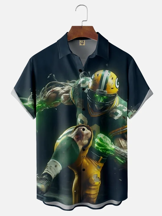 Moisture-wicking American Football Green Bay Fun Packers Chest Pocket Casual Shirt