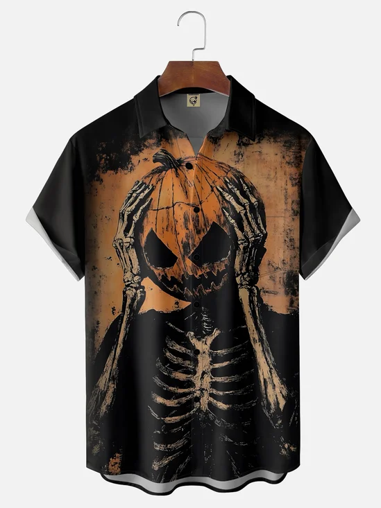Moisture-Wicking Halloween Gradient Pumpkin Skeleton Chest Pocket Hawaiian Shirt