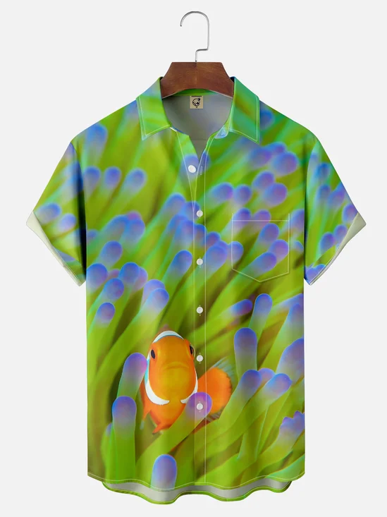 Moisture-wicking Coral Reef Clownfish Fun Chest Pocket Hawaiian Shirt