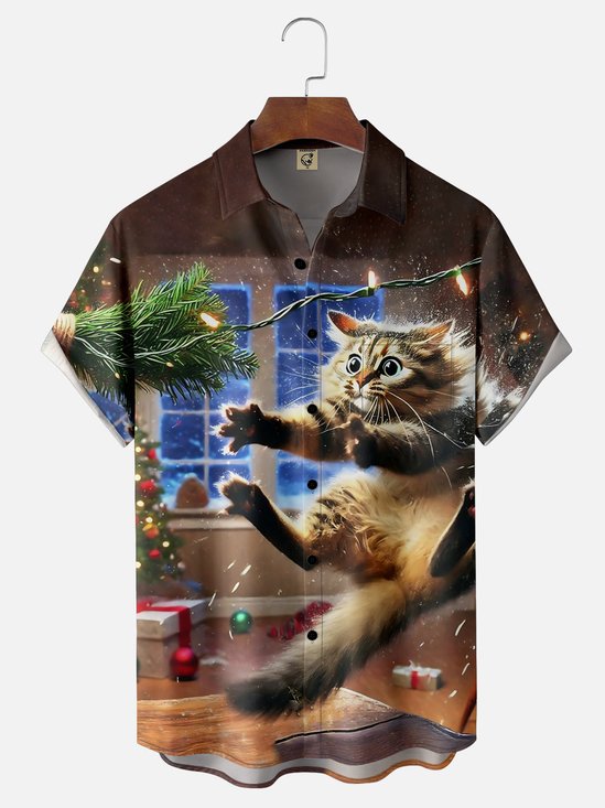 Moisture-wicking Christmas Funny Cat Christmas Tree Chest Pocket Casual Shirt