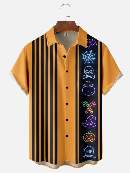 Moisture-wicking Halloween Skull Pumpkin Chest Pocket Bowling Shirt